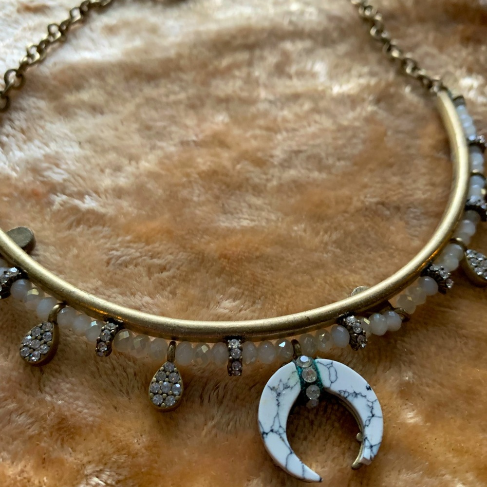 Marble Crescent Moon Brass Metal Necklace